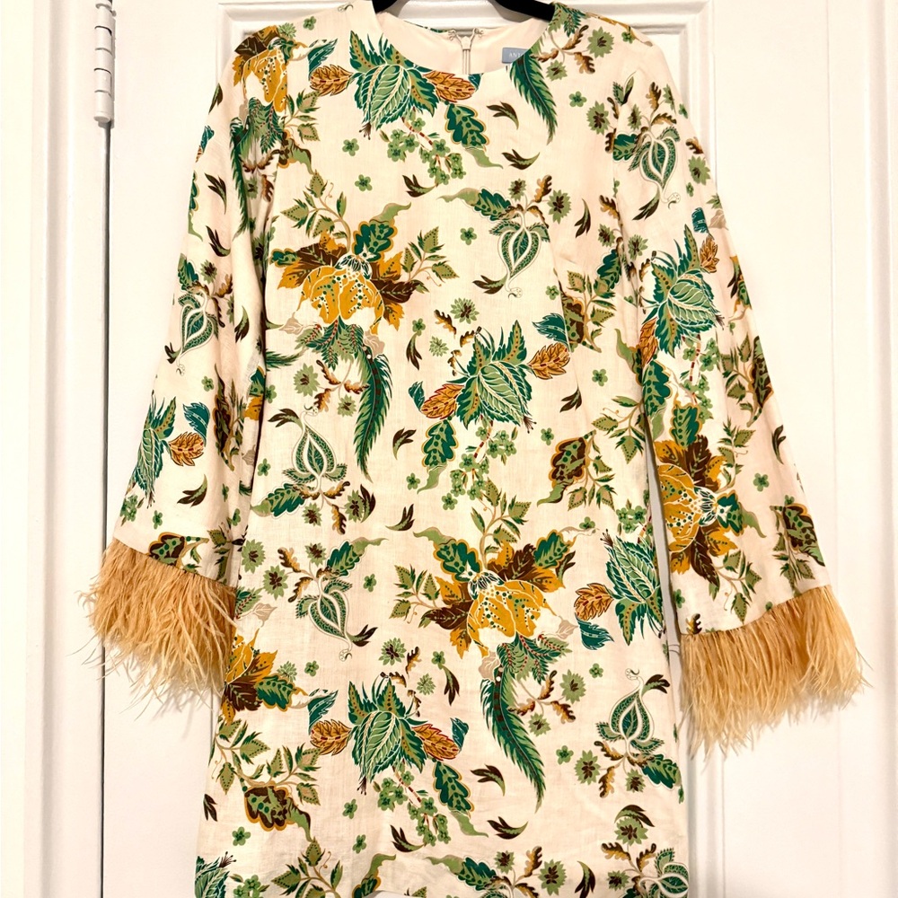 Floral Dress with Feathered Sleeves